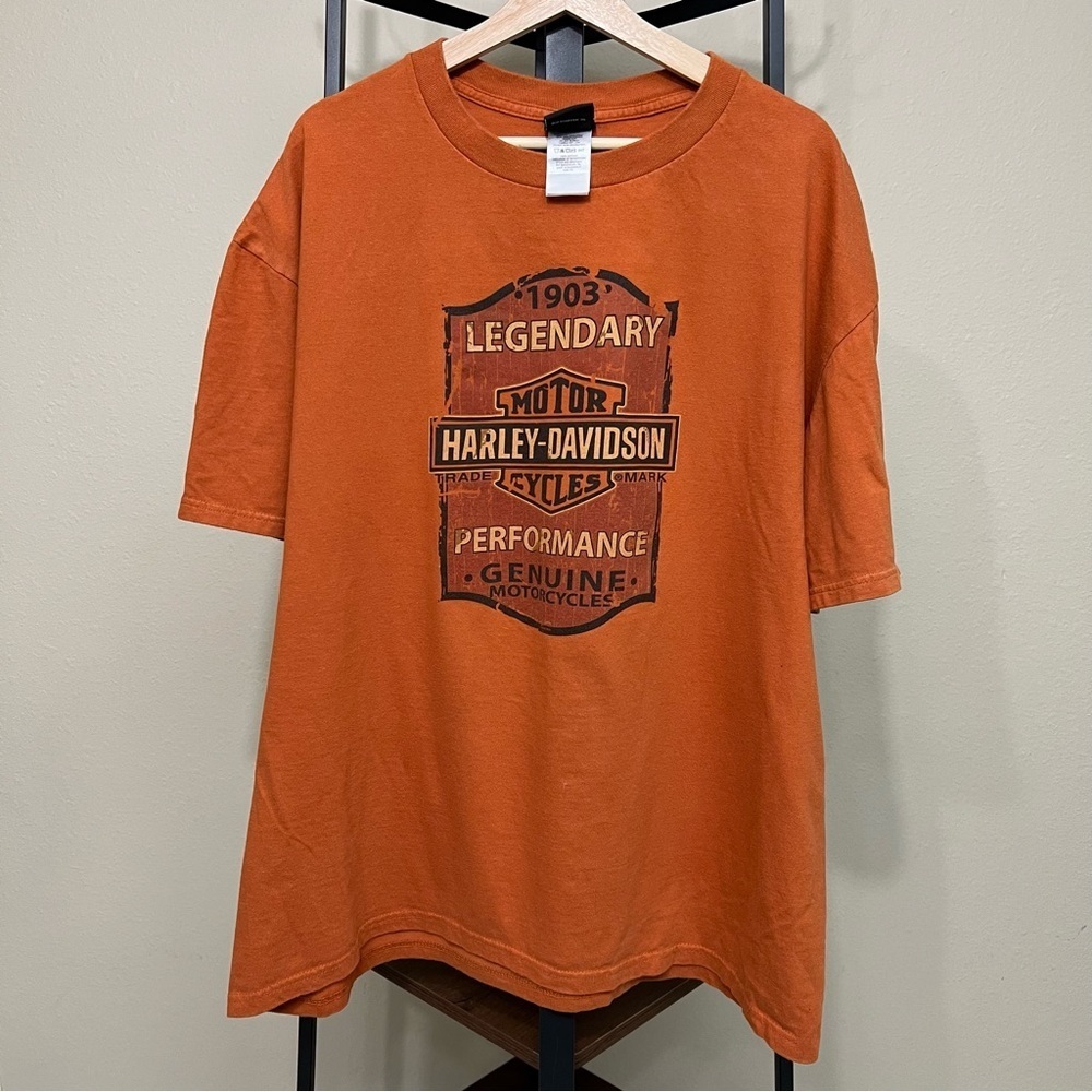 Harley Davidson Mens Orange 1903 Legendary GOE Cycles Angleton TX T-Shirt Sz 2XL